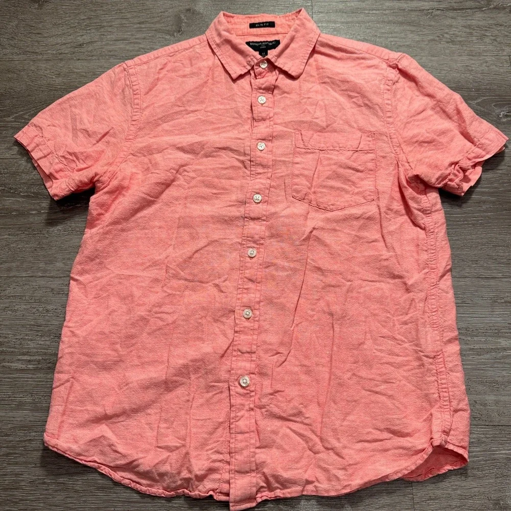 Banana Republic Shirt Mens M Pink Linen Cotton Slim Fit Summer Casual Preppy